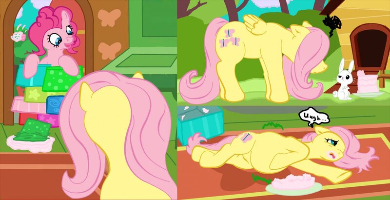 Size: 1280x656 | Tagged: safe, artist:stonershy, derpibooru import, angel bunny, fluttershy, pinkie pie, earth pony, pegasus, pony, cake, fat, fattershy, female, mare, side, stuffed