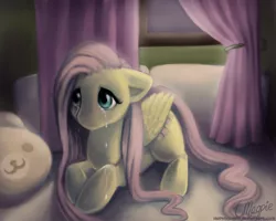 Size: 900x720 | Tagged: dead source, safe, artist:laurenmagpie, derpibooru import, fluttershy, pegasus, pony, bed, crying, female, floppy ears, mare, photoshop, prone, sad, solo