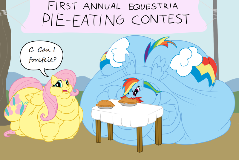 Size: 1800x1210 | Tagged: questionable, artist:guyfuy, derpibooru import, fluttershy, rainbow dash, pegasus, pony, banner, bingo wings, butt, chubby cheeks, chubbyshy, contest, double chin, duo, duo female, eating contest, fat, fattershy, female, hilarious in hindsight, impossibly large belly, impossibly large butt, impossibly large everything, mare, morbidly obese, neck roll, obese, pie, pie-eating contest, plot, rainblob dash, rolls of fat, table