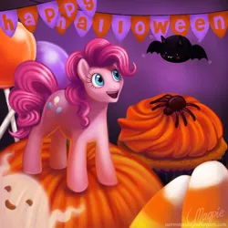 Size: 750x750 | Tagged: dead source, safe, artist:laurenmagpie, derpibooru import, pinkie pie, bat, earth pony, ghost, pony, spider, banner, candy, candy corn, cupcake, female, food, halloween, holiday, jack-o-lantern, lollipop, mare, nightmare night, photoshop, pumpkin, smiling, solo