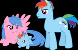 Size: 1112x719 | Tagged: safe, artist:lockh34rt, derpibooru import, firefly, rainbow dash, rainbow dash (g3), earth pony, pegasus, pony, black background, family, father and child, father and daughter, female, filly, firefly as rainbow dash's mom, foal, g1, g1 to g4, g3, g3 to g4, generation leap, husband and wife, male, mare, mother and child, mother and daughter, prone, rule 63, simple background, stallion