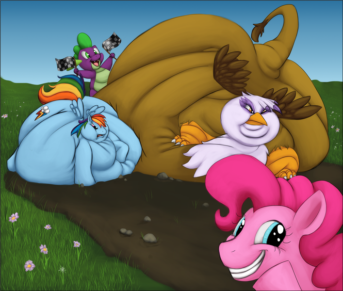 Size: 1280x1086 | Tagged: questionable, artist:samael, derpibooru import, gilda, pinkie pie, rainbow dash, spike, dragon, earth pony, gryphon, pegasus, pony, fat, female, flag, gildough, impossibly large belly, impossibly large butt, male, mare, morbidly obese, near immobile, obese, race, rainblob dash