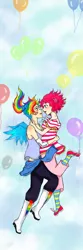 Size: 640x1920 | Tagged: safe, artist:chibiqueen-anna, derpibooru import, pinkie pie, rainbow dash, human, balloon, bandaid, clothes, eared humanization, eye contact, female, hug, humanized, lesbian, looking at each other, pinkiedash, shipping, socks, striped socks, winged humanization, wings