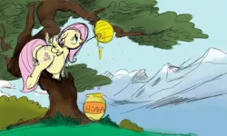 Size: 1232x738 | Tagged: safe, artist:envy, derpibooru import, fluttershy, bee, pegasus, pony, beehive, fat, fattershy, female, floppy ears, honey, honey dipper, jar, mare, mouth hold, obese, smiling, solo, tree