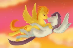 Size: 1200x800 | Tagged: safe, artist:cartoonlion, derpibooru import, soarin', spitfire, pegasus, pony, eye contact, female, flying, looking at each other, male, mare, shipping, sky, smiling, soarinfire, stallion, straight