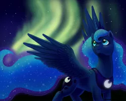 Size: 900x720 | Tagged: dead source, safe, artist:laurenmagpie, derpibooru import, princess luna, alicorn, pony, aurora borealis, female, looking up, mare, photoshop, solo, spread wings, wings