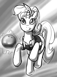 Size: 669x900 | Tagged: safe, artist:mew, derpibooru import, allie way, pony, unicorn, abstract background, bowling ball, female, glowing horn, magic, mare, monochrome, solo, tail wrap, telekinesis, tongue out