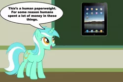 Size: 887x588 | Tagged: safe, derpibooru import, lyra heartstrings, pony, unicorn, apple (company), chalkboard, female, human studies101 with lyra, ipad, mare, meme, paperweight, solo