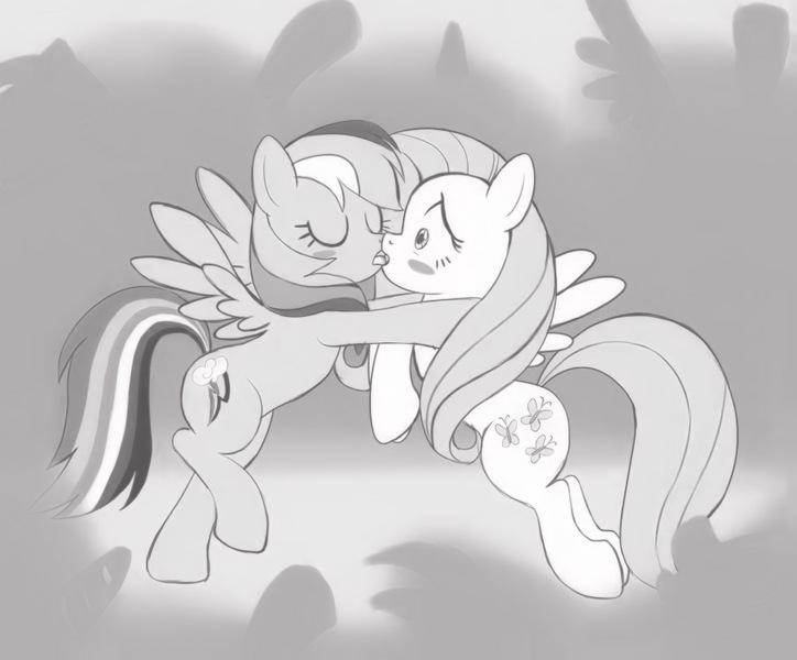 Size: 900x746 | Tagged: suggestive, artist:mew, derpibooru import, fluttershy, rainbow dash, pegasus, pony, blushing, female, flutterdash, french kiss, kissing, lesbian, mare, monochrome, shipping