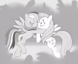 Size: 900x746 | Tagged: suggestive, artist:mew, derpibooru import, fluttershy, rainbow dash, pegasus, pony, blushing, female, flutterdash, french kiss, kissing, lesbian, mare, monochrome, shipping