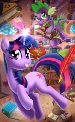 Size: 743x1200 | Tagged: safe, artist:mew, derpibooru import, spike, twilight sparkle, dragon, pony, unicorn, book, female, golden oaks library, library, magic, male, mare, quill, scroll