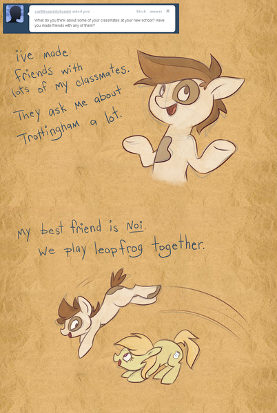 Size: 1024x1528 | Tagged: safe, artist:pashapup, derpibooru import, noi, pipsqueak, earth pony, pony, ask pipsqueak the pirate, ask, colt, comic, duo, female, filly, jumping, leapfrog, male, no pupils