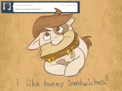 Size: 1024x764 | Tagged: safe, artist:pashapup, derpibooru import, pipsqueak, earth pony, pony, ask pipsqueak the pirate, ask, colt, floppy ears, food, honey, male, mouth hold, no pupils, sandwich, solo