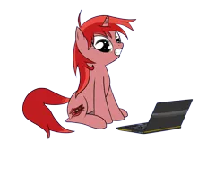 Size: 1600x1200 | Tagged: artist needed, safe, derpibooru import, oc, ponified, unofficial characters only, pony, unicorn, computer, dz, female, foros dz, laptop computer, mare, simple background, sitting, solo, transparent background