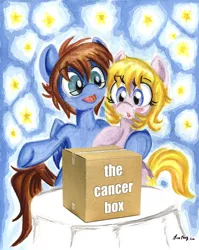 Size: 1737x2185 | Tagged: safe, artist:misschang, derpibooru import, edit, oc, unofficial characters only, earth pony, pegasus, pony, :o, bipedal, blushing, cancer, cancer box, female, glasses, hug, mare, open mouth, smiling, the cancer box, underhoof, wide eyes