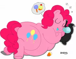 Size: 1280x993 | Tagged: safe, artist:bunearyk, derpibooru import, pinkie pie, earth pony, pony, fat, female, mare, obese, piggy pie, pillow, pudgy pie, sleeping, snot bubble, solo, zzz