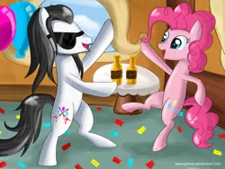 Size: 600x450 | Tagged: safe, artist:jrenon, derpibooru import, pinkie pie, ponified, earth pony, pony, andrew w.k., balloon, bipedal, bottle, dancing, duo, female, male, mare, stallion, sunglasses