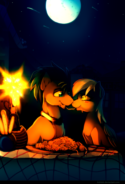 Size: 890x1314 | Tagged: safe, artist:si1vr, derpibooru import, derpy hooves, doctor whooves, time turner, earth pony, pegasus, pony, candle, doctorderpy, eye contact, female, food, looking at each other, male, mare, moon, night, parody, pasta, shipping, sitting, spaghetti, spaghetti scene, stallion, straight