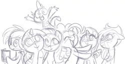 Size: 1150x594 | Tagged: safe, artist:briskby, derpibooru import, applejack, fluttershy, pinkie pie, rainbow dash, rarity, spike, twilight sparkle, dragon, earth pony, pegasus, pony, unicorn, female, male, mane seven, mane six, mare, monochrome, sketch