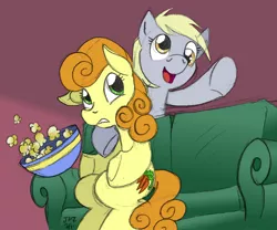 Size: 800x666 | Tagged: safe, artist:elosande, artist:pacce, derpibooru import, carrot top, derpy hooves, golden harvest, earth pony, pegasus, pony, couch, duo, duo female, female, food, mare, popcorn, sitting