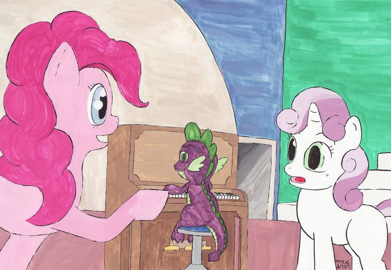 Size: 3124x2156 | Tagged: safe, artist:enigmaticthief, derpibooru import, pinkie pie, spike, sweetie belle, dragon, earth pony, pony, unicorn, female, filly, high res, male, mare, piano, traditional art