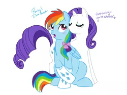 Size: 666x500 | Tagged: safe, artist:lulubell, derpibooru import, rainbow dash, rarity, pegasus, pony, unicorn, alternate hairstyle, blushing, clothes, dialogue, female, kissing, lesbian, makeover, mare, ponytail, raridash, shipping, simple background, socks, white background