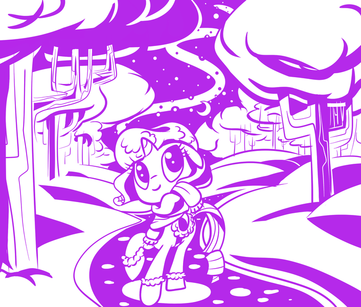 Size: 2000x1700 | Tagged: safe, artist:tess, derpibooru import, rarity, pony, unicorn, boots, clothes, female, hat, mare, monochrome, night, saddle, scarf, shoes, snow, solo, tack, tree