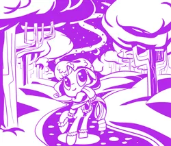 Size: 2000x1700 | Tagged: safe, artist:tess, derpibooru import, rarity, pony, unicorn, boots, clothes, female, hat, mare, monochrome, night, saddle, scarf, shoes, snow, solo, tack, tree