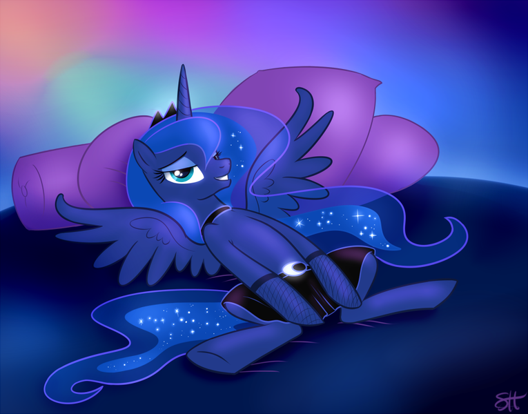 Size: 864x678 | Tagged: suggestive, artist:sorcerushorserus, derpibooru import, princess luna, alicorn, pony, bedroom eyes, clothes, female, looking at you, mare, pillow, seductive, skirt, smiling, solo, solo female, spread legs, spreading, underhoof, wingboner