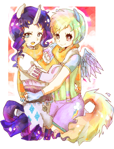 Size: 497x653 | Tagged: abstract background, artist:pasuteru-usagi, derpibooru import, female, horned humanization, hug, human, humanized, lesbian, rainbow dash, raridash, rarity, safe, shipping, tailed humanization, winged humanization, wings