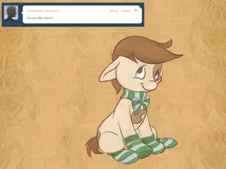 Size: 1024x764 | Tagged: safe, artist:pashapup, derpibooru import, pipsqueak, earth pony, pony, ask pipsqueak the pirate, ask, bow, clothes, colt, floppy ears, male, no pupils, sitting, smiling, socks, solo, striped socks