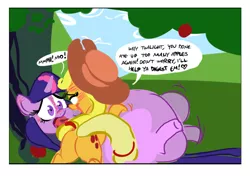 Size: 750x528 | Tagged: suggestive, artist:ross irving, derpibooru import, applejack, twilight sparkle, earth pony, pony, unicorn, apple, butt, eating, fat, female, food, large belly, lesbian, mare, morbidly obese, obese, on back, plot, scared, shipping, stuffing, twijack, twilard sparkle