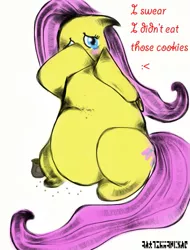 Size: 447x588 | Tagged: safe, artist:anquietaspony, derpibooru import, fluttershy, pegasus, pony, blatant lies, cookie, crumbs, crying, fat, fattershy, female, mare, solo