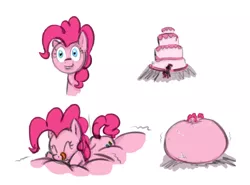 Size: 1000x738 | Tagged: safe, artist:okiedokielowkey, artist:plasma-snake, derpibooru import, pinkie pie, earth pony, pony, belly, belly bed, big belly, cake, fat, female, impossibly large belly, inflation, mare, solo