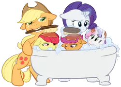 Size: 1000x717 | Tagged: safe, artist:briskby, derpibooru import, apple bloom, applejack, rarity, scootaloo, sweetie belle, earth pony, pegasus, pony, unicorn, bath, bath brush, bathtub, brush, claw foot bathtub, cutie mark crusaders, female, filly, floppy ears, forced bathing, mare, mouth hold, tree sap