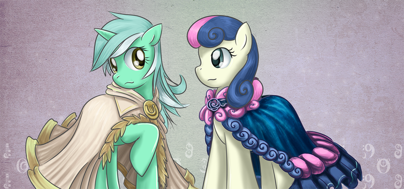 Size: 1279x600 | Tagged: safe, artist:saturnspace, derpibooru import, bon bon, lyra heartstrings, sweetie drops, earth pony, pony, unicorn, cape, clothes, duo, female, mare, photoshop, raised hoof