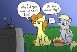 Size: 900x617 | Tagged: safe, artist:elosande, derpibooru import, carrot top, derpy hooves, golden harvest, earth pony, pegasus, pony, colored, couch, duo, duo female, female, gradient background, mare, popcorn, sitting, television