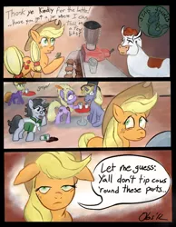 Size: 516x666 | Tagged: safe, artist:obsequiosity, derpibooru import, applejack, jet set, lyrica lilac, ponet, primrose, cow, earth pony, pony, sea pony, unicorn, accent, background pony, cafe, comic, cow tipping, female, greatest internet moments, male, mare, pun, shocked, spill, spilled drink, stallion, stealth pun, tipping, y'all