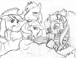 Size: 800x611 | Tagged: safe, artist:elosande, derpibooru import, apple bloom, applejack, big macintosh, zecora, earth pony, pony, zebra, argument, bed, female, filly, food, male, mare, monochrome, on back, sick, soup, stallion, thermometer