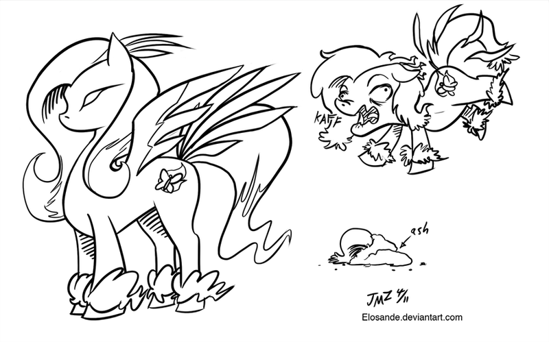 Size: 900x561 | Tagged: safe, artist:elosande, derpibooru import, fluttershy, phoenix, pony, alternate cutie mark, ash, coughing, fusion, monochrome, solo, tail feathers