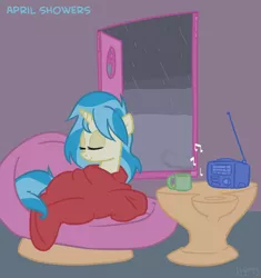 Size: 534x569 | Tagged: safe, artist:nyerpy, derpibooru import, allie way, pony, unicorn, alternate hairstyle, blanket, eyes closed, female, hot drink, mare, prone, radio, rain, smiling, solo, window