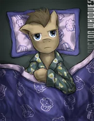 Size: 700x900 | Tagged: safe, artist:saturnspace, derpibooru import, doctor whooves, time turner, earth pony, pony, bed, clothes, insomnia, male, muffin, pajamas, photoshop, solo, stallion