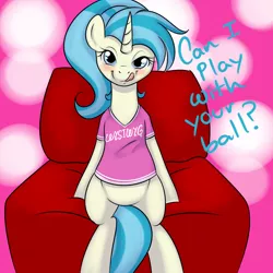Size: 2000x2000 | Tagged: suggestive, artist:kloudmutt, derpibooru import, allie way, pony, unicorn, abstract background, blushing, clothes, couch, female, high res, innuendo, licking, licking lips, looking at you, mare, shirt, sitting, solo, solo female, tongue out