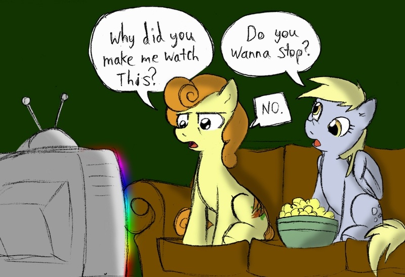 Size: 900x617 | Tagged: safe, artist:elosande, derpibooru import, carrot top, derpy hooves, golden harvest, earth pony, pegasus, pony, colored, couch, female, mare, popcorn, sitting, television