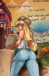 Size: 648x1000 | Tagged: annoyed, applebucking thighs, applebuck season, applejack, artist:sundown, bags under eyes, barn, clothes, derpibooru import, dirty, female, human, humanized, jeans, looking at you, pants, rear view, safe, solo, tanktop, tired