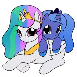 Size: 500x500 | Tagged: safe, artist:kloudmutt, derpibooru import, ponibooru import, princess celestia, princess luna, alicorn, pony, cute, duo, duo female, female, filly, foal, hnnng, simple background, smiling, white background, woona