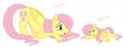 Size: 1591x613 | Tagged: dead source, safe, artist:cartoonlion, derpibooru import, fluttershy, pegasus, pony, blushing, crouching, doll, female, mare, plushie, simple background, solo, squeak, white background