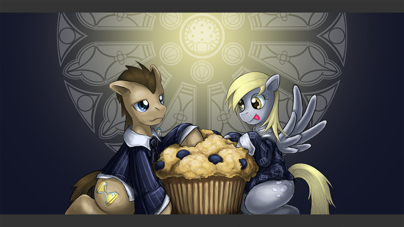 Size: 1920x1080 | Tagged: safe, artist:saturnspace, derpibooru import, derpy hooves, doctor whooves, time turner, earth pony, pegasus, pony, clothes, doctorderpy, female, giant muffin, male, mare, muffin, photoshop, shipping, stallion, straight, tongue out, wallpaper