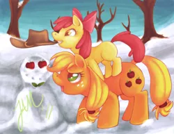 Size: 3300x2550 | Tagged: safe, artist:jabbym, derpibooru import, apple bloom, applejack, earth pony, pony, apple, apple sisters, duo, female, filly, foal, hat, high res, mare, mouth hold, ponies riding ponies, siblings, sisters, snow, snowman