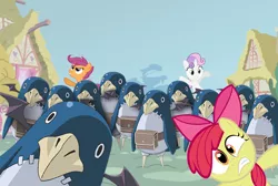 Size: 664x447 | Tagged: safe, derpibooru import, apple bloom, scootaloo, sweetie belle, earth pony, pegasus, pony, unicorn, crossover, cutie mark crusaders, disgaea, female, filly, ponyville, prinny